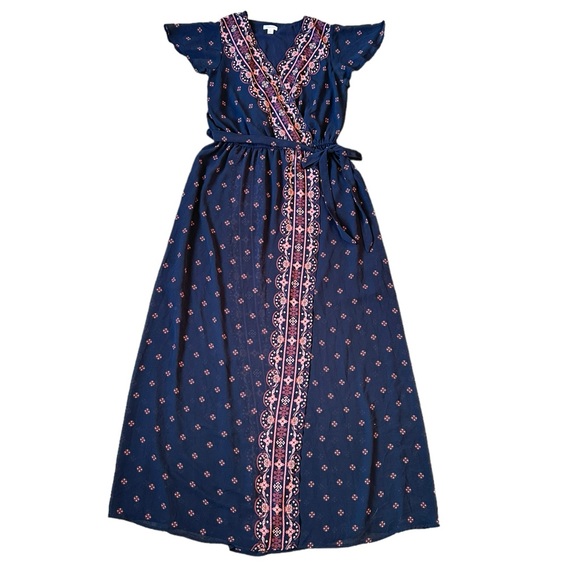 Xhilaration Dresses & Skirts - Xhilaration navy blue & pink faux wrap front split maxi dress sz Large